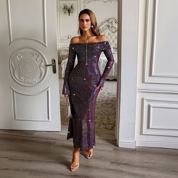 Elegant Bodycon Long Sleeve Dress – Stretch Polyester Slim Fit Evening Gown With Sheer Mesh Detail_ecoleips.com