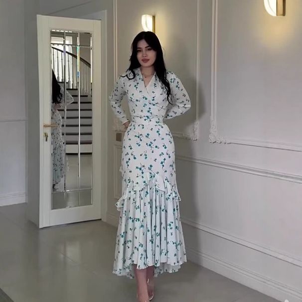 European And American Cross-Border 2025 Spring Gentle Style Fresh Floral Ruffle Long Dress For Women_ecoleips.com