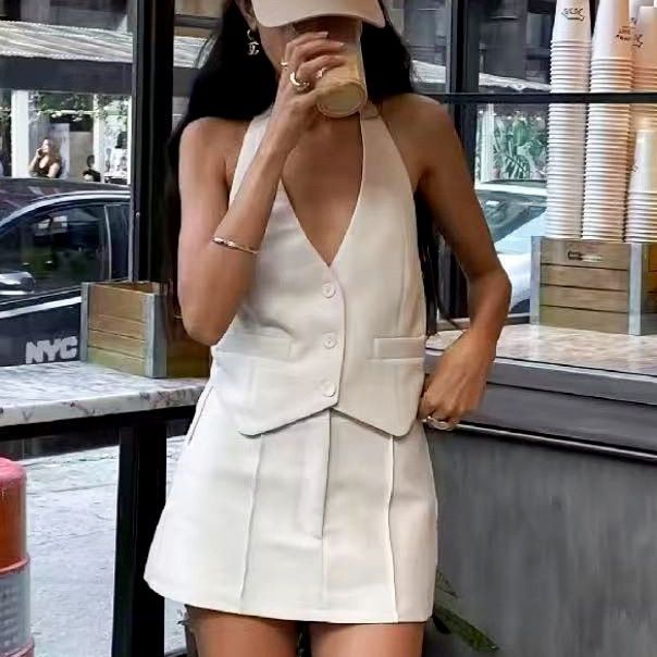 Summer New Sexy Small Blazer Pocket Halter Vest Fashion A-line Skirt Set For Women Versatile_ecoleips.com