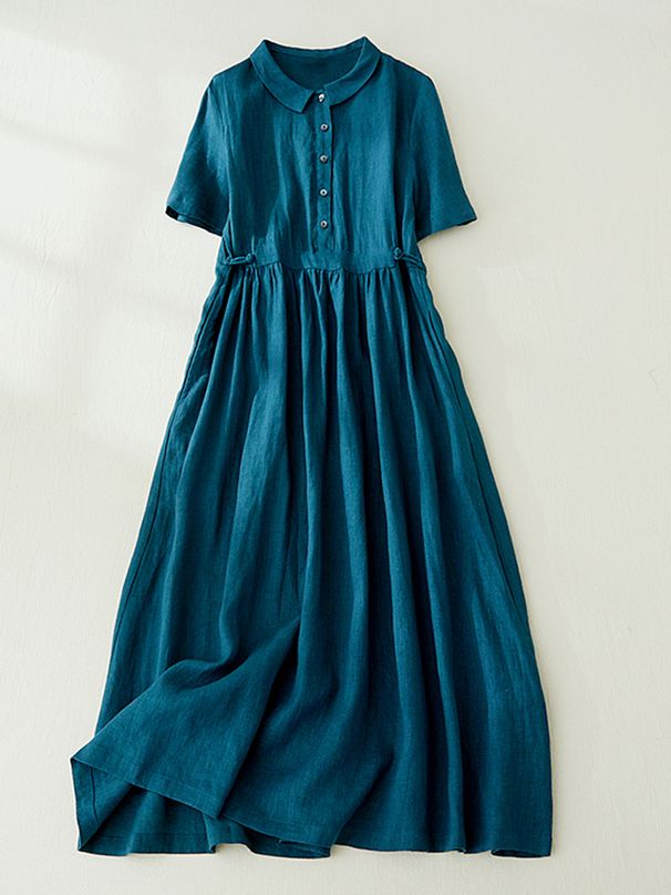 Cotton Short Sleeve Vintage Solid Color Dresses For Women 2026 New Summer Casual Long Holiday Dress Femme Robe Elegant Clothing_ecoleips.com