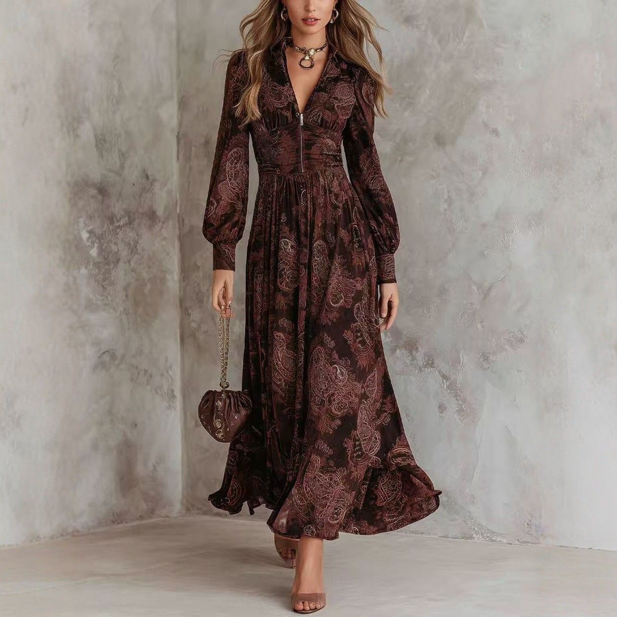 Women's Clothing Retro Print Long Dress Fashion Slim Waist V Neck Puff Sleeve Women's Clothing_ecoleips.com