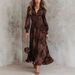 Women's Clothing Retro Print Long Dress Fashion Slim Waist V Neck Puff Sleeve Women's Clothing_ecoleips.com