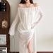 2025 Spring Summer New Fashion Women's Sexy Mesh Solid Color Off-Shoulder See-Through Long Sleeve Dress_ecoleips.com