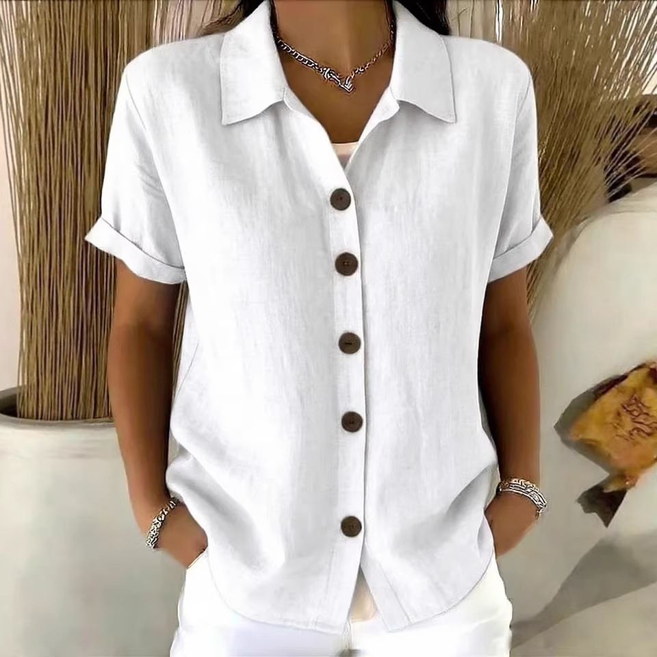 Women's Solid Color Collared Shirt Button Down Casual Loose Fit Short Sleeve T-Shirt Spring/Summer Top For Comfortable Wear_ecoleips.com