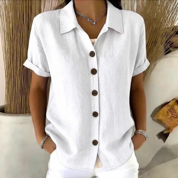 Women's Solid Color Collared Shirt Button Down Casual Loose Fit Short Sleeve T-Shirt Spring/Summer Top For Comfortable Wear_ecoleips.com