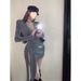 American Syle Spicy Girl Elegan Slim Fi Collar Long Sleeve Jumpsui Women Winer Tie Wais Bodycon Skir Two-Piece_ecoleips.com