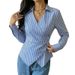 European Style Asymmetrical Striped Long Sleeve Shirt Open Front Oversized Blouse Women's Clothing Tops_ecoleips.com