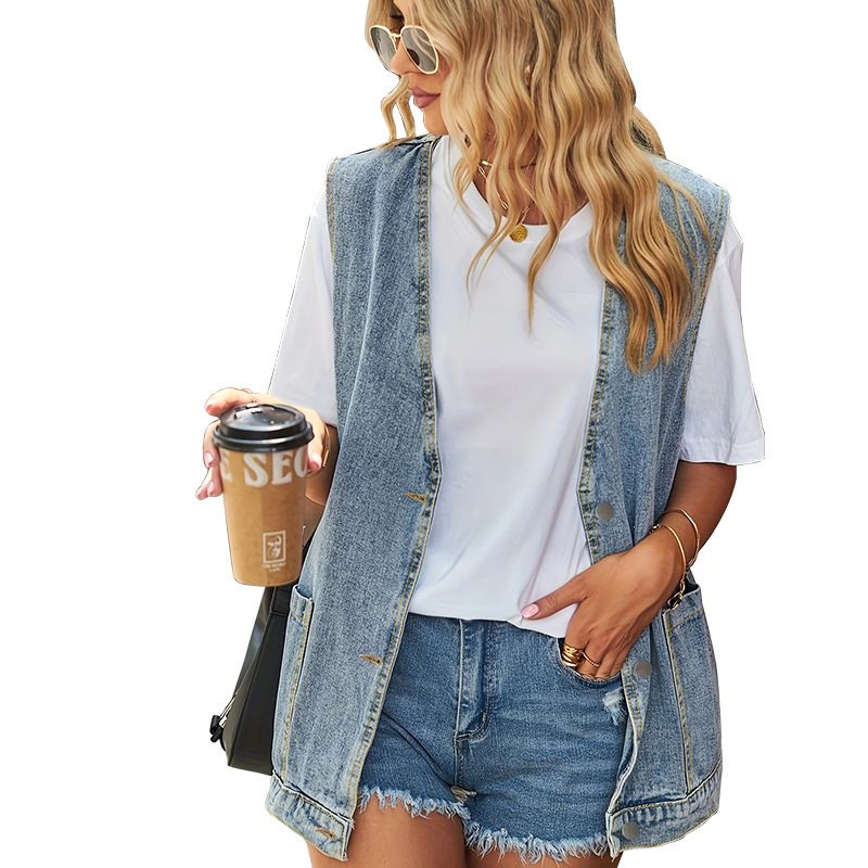 Plus Size Women's Clothing Loose Fit Denim Vest Summer Sleeveless Jacket With Large Pockets_ecoleips.com