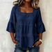 Women's Casual Square Neck Top Solid Color Cotton Linen Blend Lace Trim Three Quarter Sleeve Summer Wear_ecoleips.com