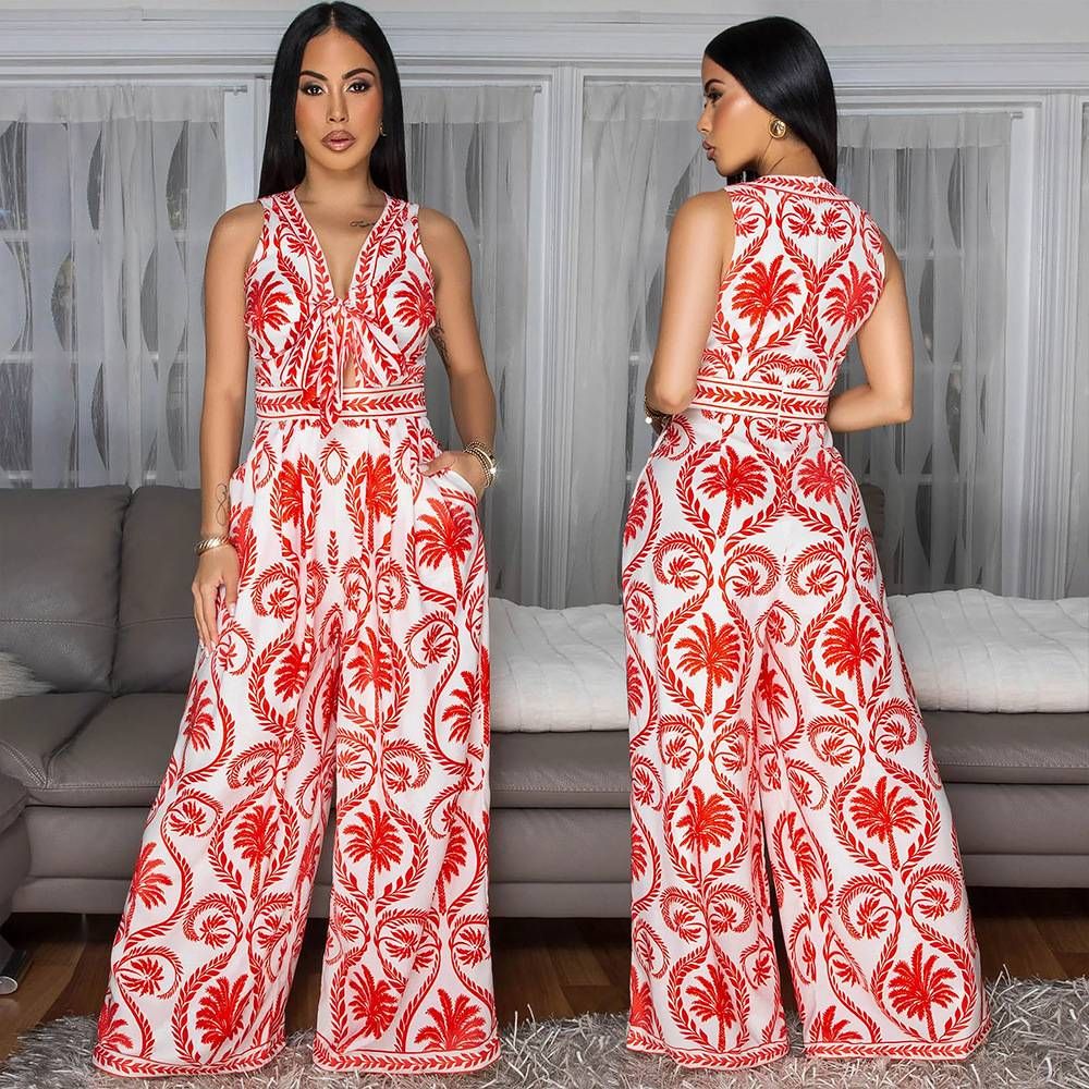 Women's Clothing Loose Jumpsuit Sleeveless Lace Up Top Zipper Printed Jumpsuit_ecoleips.com