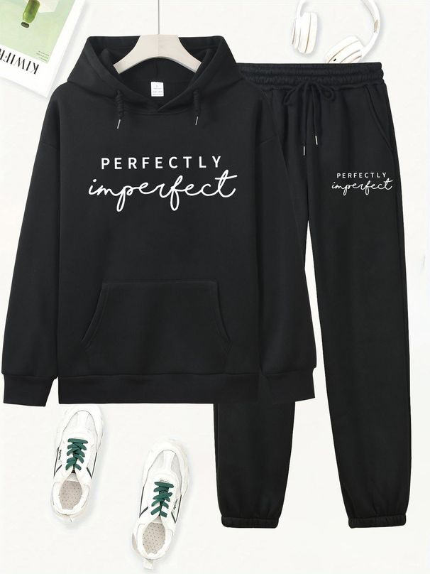 Women's Autumn And Winter Casual Fashion PERFECTLY Letter Pattern Printed Thick Velvet Warm Hooded Sweatshirt+sports Pants Set-695_ecoleips.com