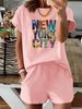 Summer New Pink New York NU Pattern T-shirt, Casual Printed Round Neck Short Sleeved Top With Elastic Waist Pocket, Women's Two-piece Set-283_ecoleips.com