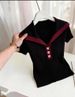 Women's Slim Fit Color Blocked Knit T-Shirt Navy Collar Short Sleeved Summer Top Plus Size New Style_ecoleips.com