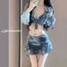 Retro Denim Blue Bikini Swimsuit Four Piece Set Long Sleeved Slimming And Flattering Women's Fashion For Beach Vacations And Hot Springs_ecoleips.com