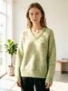 Light Green Heather Pit Rib Knit Sweater, Loose V Neck Lightweight Breathable Soft Skin-touch Wool Blend Pullover_ecoleips.com