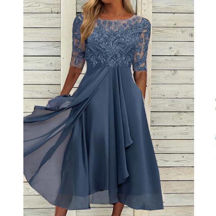 2025 Dresses Chiffon Paneled Lace Openwork Maxi Dresses Bridesmaids Evening Dresses Women's Wear_ecoleips.com