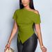 2025 Summer Women's Solid Color Simple Asymmetrical Neckline Irregular Hem Short Sleeve Slimming Top 2026 New Model_ecoleips.com