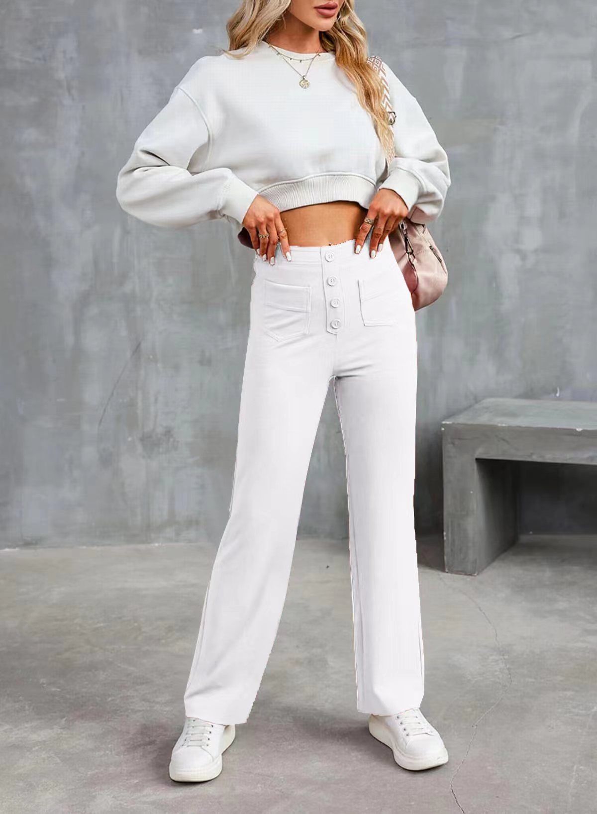 Women's Clothing Casual Straight Leg Pants High Waist Button Elastic Multiple Pockets Fashion_ecoleips.com