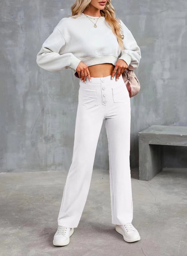 Women's Clothing Casual Straight Leg Pants High Waist Button Elastic Multiple Pockets Fashion_ecoleips.com
