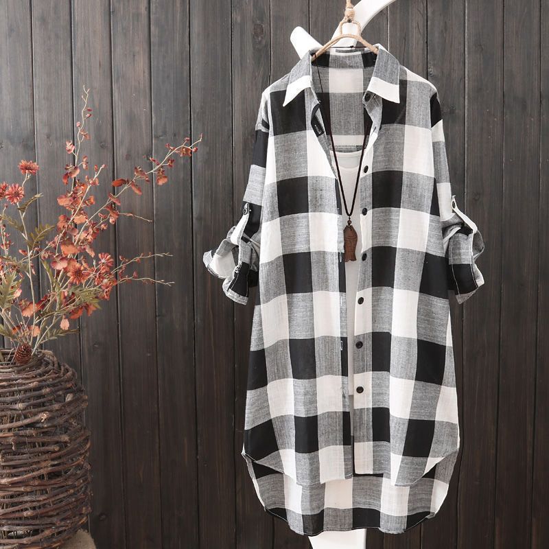 Women's Long-Sleeved Oversized Sun-Protective Shirt With A Relaxed, Slimming Silhouette, Featuring A Fashionable Checker_ecoleips.com