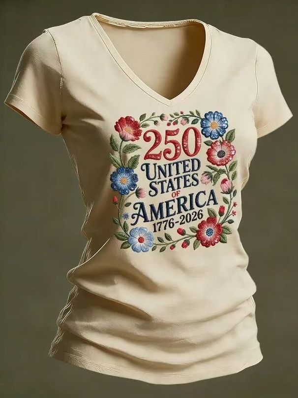 Women's 3D Printed American Flag V-Neck T-Shirt Oversized Casual Soft Polyester Blend Top in Multiple Colors_ecoleips.com