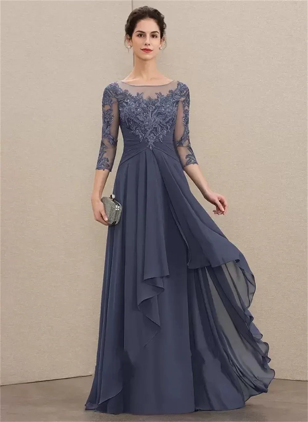 Elegant Slimming U-Neck Long Evening Gown in Chiffon for Parties And Special Occasions with Flowy Hem_ecoleips.com