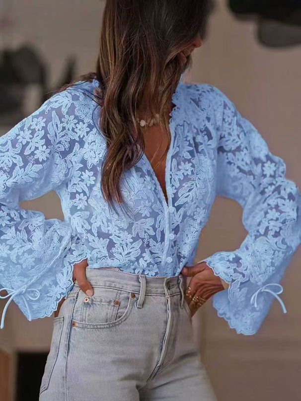 Women's Clothing Women's Casual Lace Shirt European American Style Hollowed Out Blouse Long Sleeve For Formal & Casual_ecoleips.com