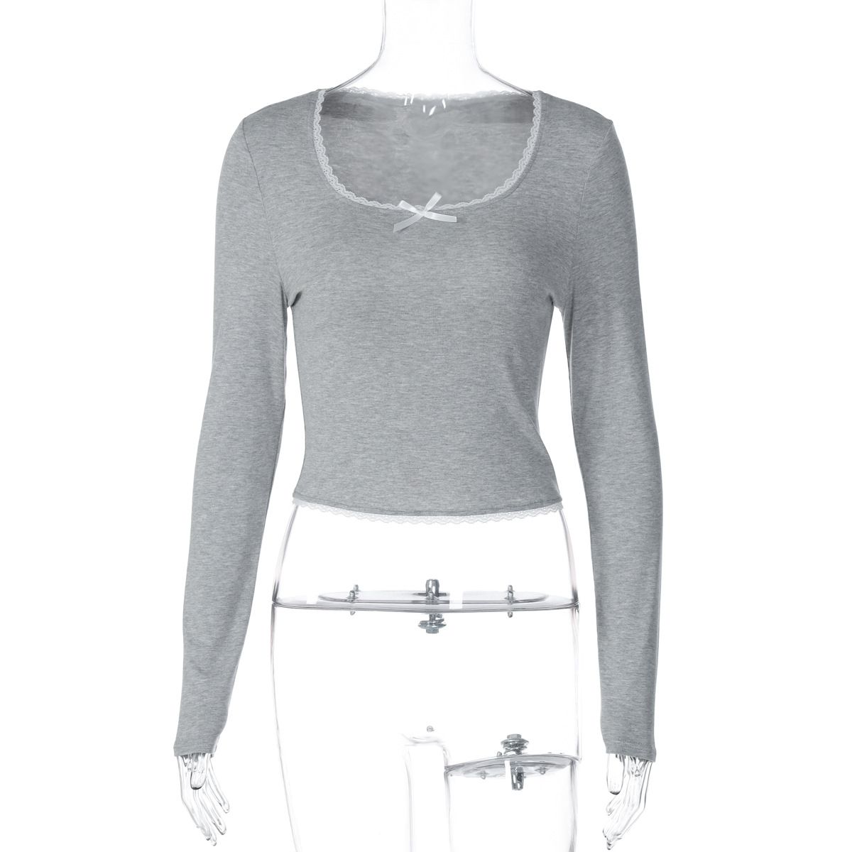 Women's Long Sleeve Base Shirt Top Square Neck Lace Trim Solid Color European American Style Autumn Fashionable Versatile_ecoleips.com
