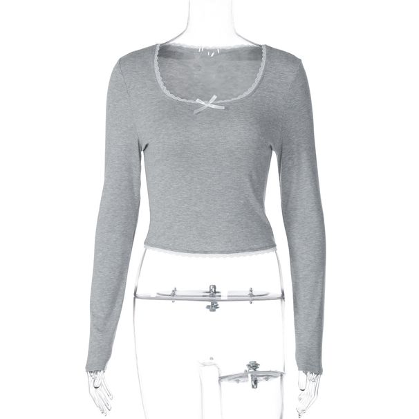 Women's Long Sleeve Base Shirt Top Square Neck Lace Trim Solid Color European American Style Autumn Fashionable Versatile_ecoleips.com