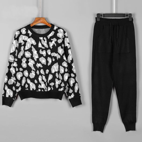 Women's Clothing Woolen Suit Spring And Autumn Round Neck Jacquard Leopard Print Top Casual Sports Leggings Two Piece Suit For Women_ecoleips.com