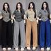 Women's Clothing Southeast Asian Women's Summer Casual Collar Set Striped Short Sleeve Solid Color Wide Leg Pants Loose Two-Piece Outfit_ecoleips.com