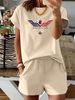 Summer New Letter Pattern T-shirt, Casual Printed Round Neck Short Sleeved Top With Elastic Waist Pocket, Women's Two-piece Set-287_ecoleips.com