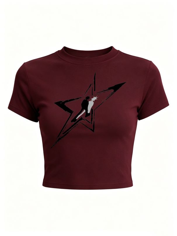 Y2K Distressed Star Print Crop Tee Women Grunge Figure Silhouette Slim Fit Short Sleeve High Waist Cropped Top_ecoleips.com