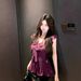 Purely Sensual Style Women's Outfit: Ruffled Purple V-neck Sleeveless Chiffon Blouse And Stylish Black Shorts Two-piece_ecoleips.com