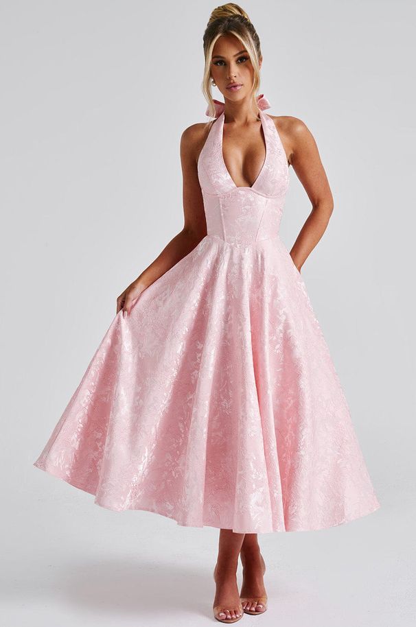 Women's Sleeveless V Neck Halter Neck Jacquard Dress Backless High Waist Long Evening Dress for Spring And Summer_ecoleips.com