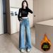Women's Clothing Versatile Rhinestone Straight Leg Wide Leg Jeans Petite Regular Thickness Polyester Solid Pattern England Style Fashion_ecoleips.com