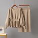Women's Spring Casual Knitted Two Piece Suit round Neck Solid Color Slimming Hip Waist Woolen Skirt Fashion Set_ecoleips.com