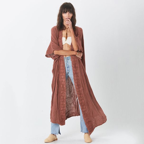New European And American Style Rust Red Lace Cardigan Loose Plus Size Beach Sun Protection Jacket Bikini Cover-Up_ecoleips.com