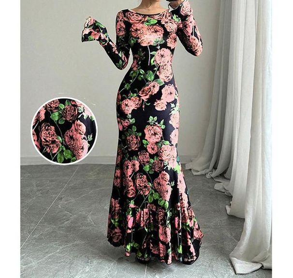 Spring Autumn Elegant Bodycon Dress With Rose Floral Pattern Long Slim Fit Round Neck Slightly Flared Sleeves_ecoleips.com