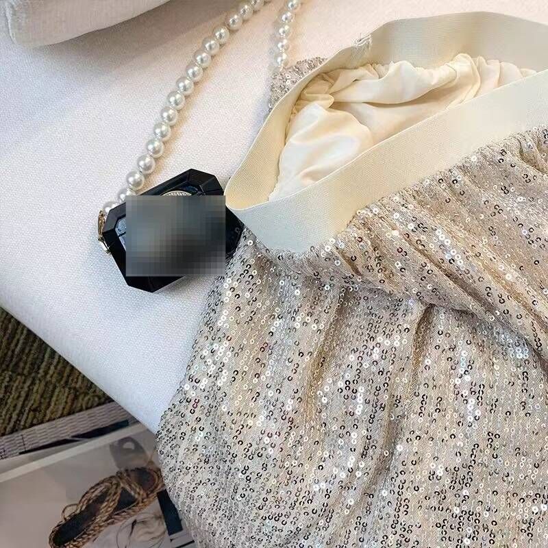 Elegant Korean-Style High-Waist Sequin Long Skirt With Flared Hem - Glittering Midi Skirt For Women, Semi-Formal & Party Wear (Black/White/Beige)_ecoleips.com