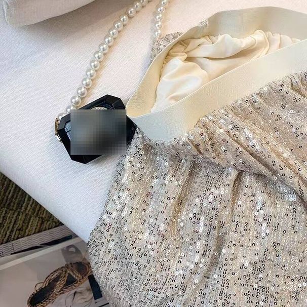 Elegant Korean-Style High-Waist Sequin Long Skirt With Flared Hem - Glittering Midi Skirt For Women, Semi-Formal & Party Wear (Black/White/Beige)_ecoleips.com