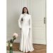Women's Clothing Modest Abaya Dress Elegant Slim-Fit Long Sleeve Evening Dress – Rhinestone & Chain Detail A-Line Gown (White/Black/Red/Burgundy)_ecoleips.com
