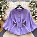 Elegant French Style Women's Top Round Neck Lantern Sleeve Rhinestone Embellished Fitted Waist Versatile Fashion Blouse For Autumn_ecoleips.com