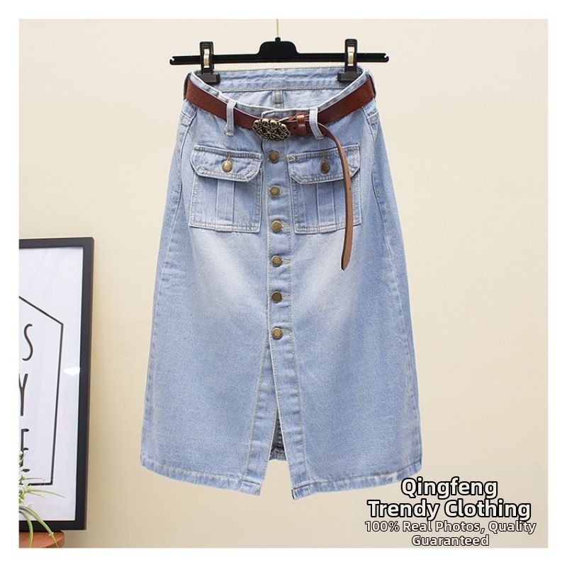 Women's Clothing High Waist Slim Fit Mid Length Denim Skirt For Women Retro Style One Row Of Buttons Slit A-Line Hip Skirt Spring_ecoleips.com