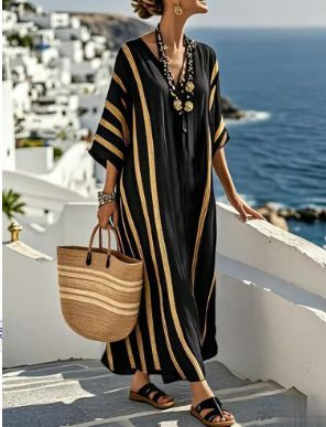 Women's 3D Digital Print Kaftan Long Dress V Neck Three Quarter Sleeve With Long Patch Pocket Fashion_ecoleips.com