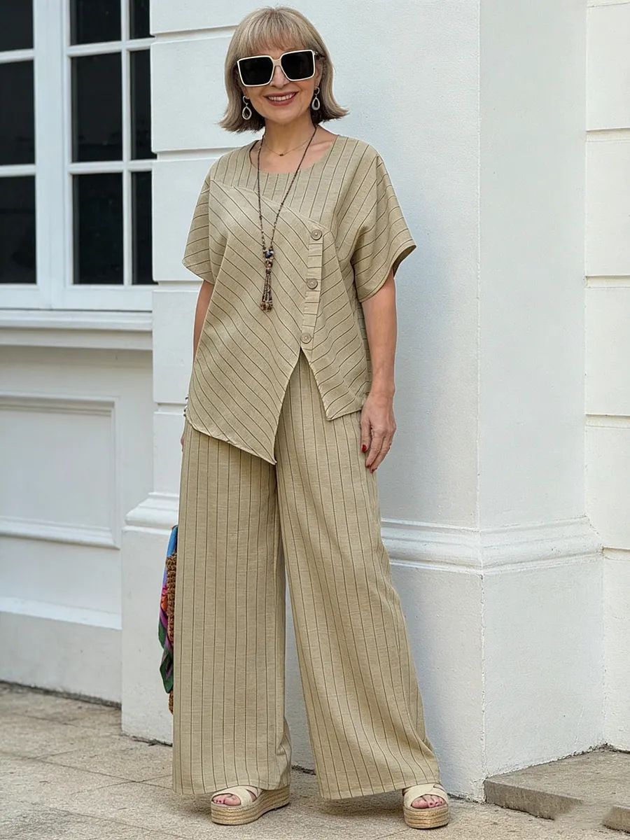 2026 Women's Summer 2-Piece Set European American Style Cross-Over Striped Short Sleeve Shirt Loose Trousers Outfit_ecoleips.com