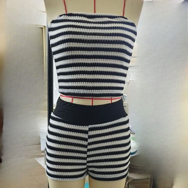 K Women's European And American Black And White Striped Strapless Shorts Set, Slim Fit And Sexy Two-piece Set_ecoleips.com