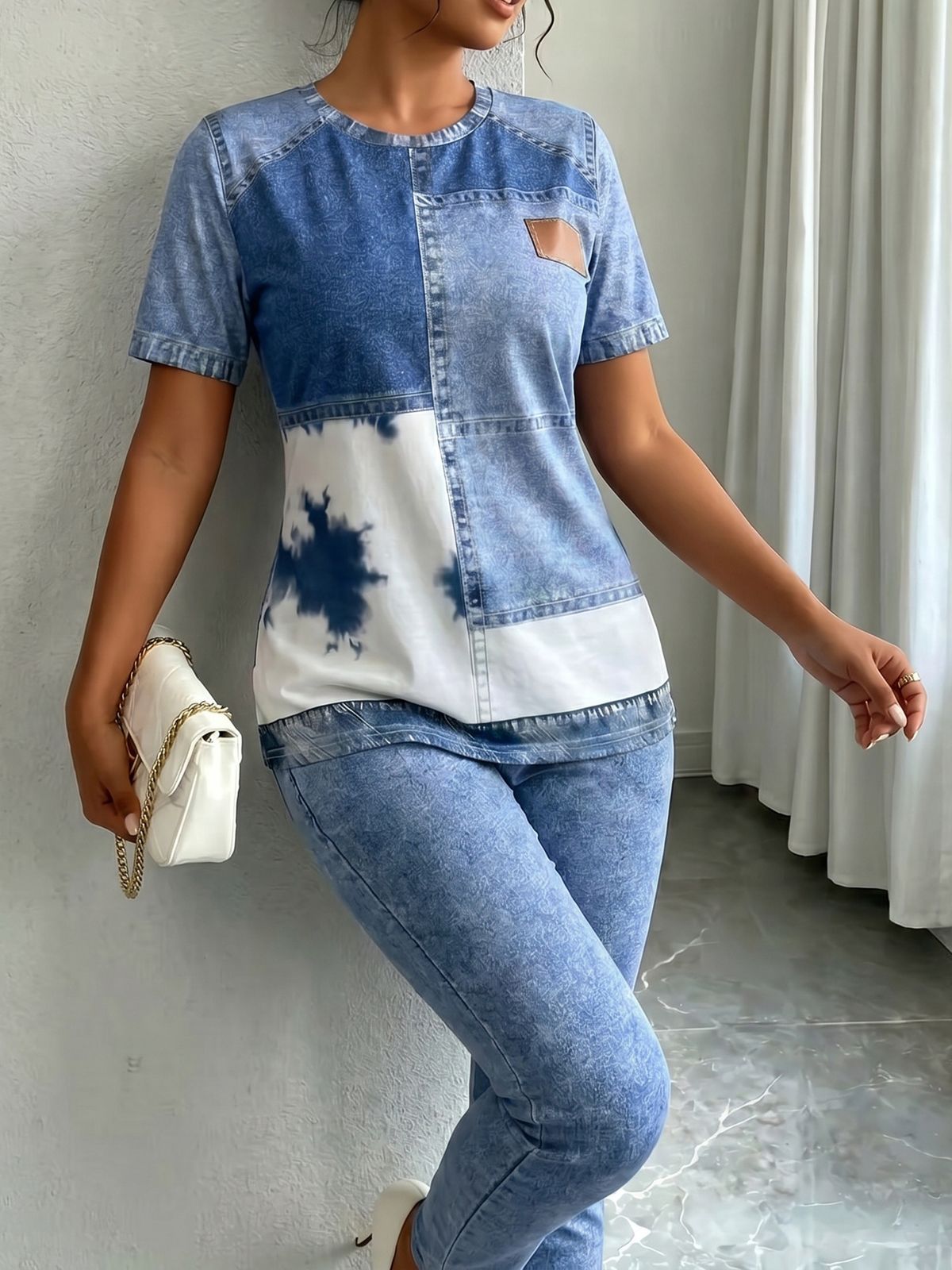 Tie-Dye Denim Print Jogger Set For Women, High-Stretch Knit Lounge Two Piece Outfit, Casual T-Shirt And Pants Co-Ord_ecoleips.com
