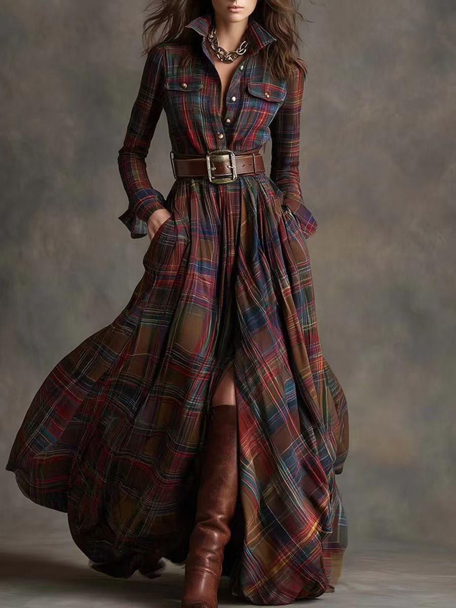 Women's French Vintage Plaid Asymmetrical Hem Plus Size Midi Dress – Slimming Casual Gown_ecoleips.com