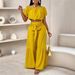 Women's Clothing Wide Leg Pants For Commuting High Waist Green Flared Strappy Drape Pants_ecoleips.com